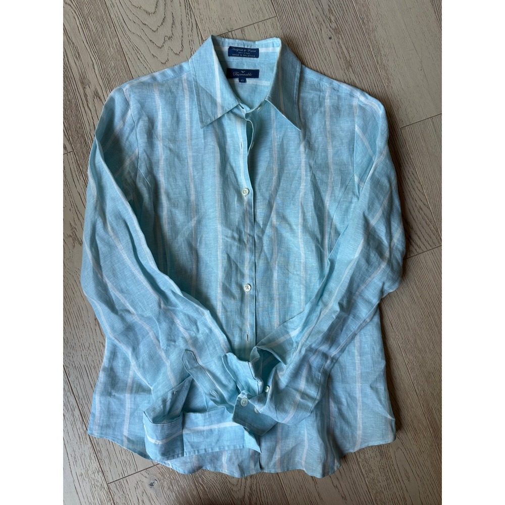 Faconnable Womens XS Blue White Striped 100% Linen Button Down Shirt Long Sleeve